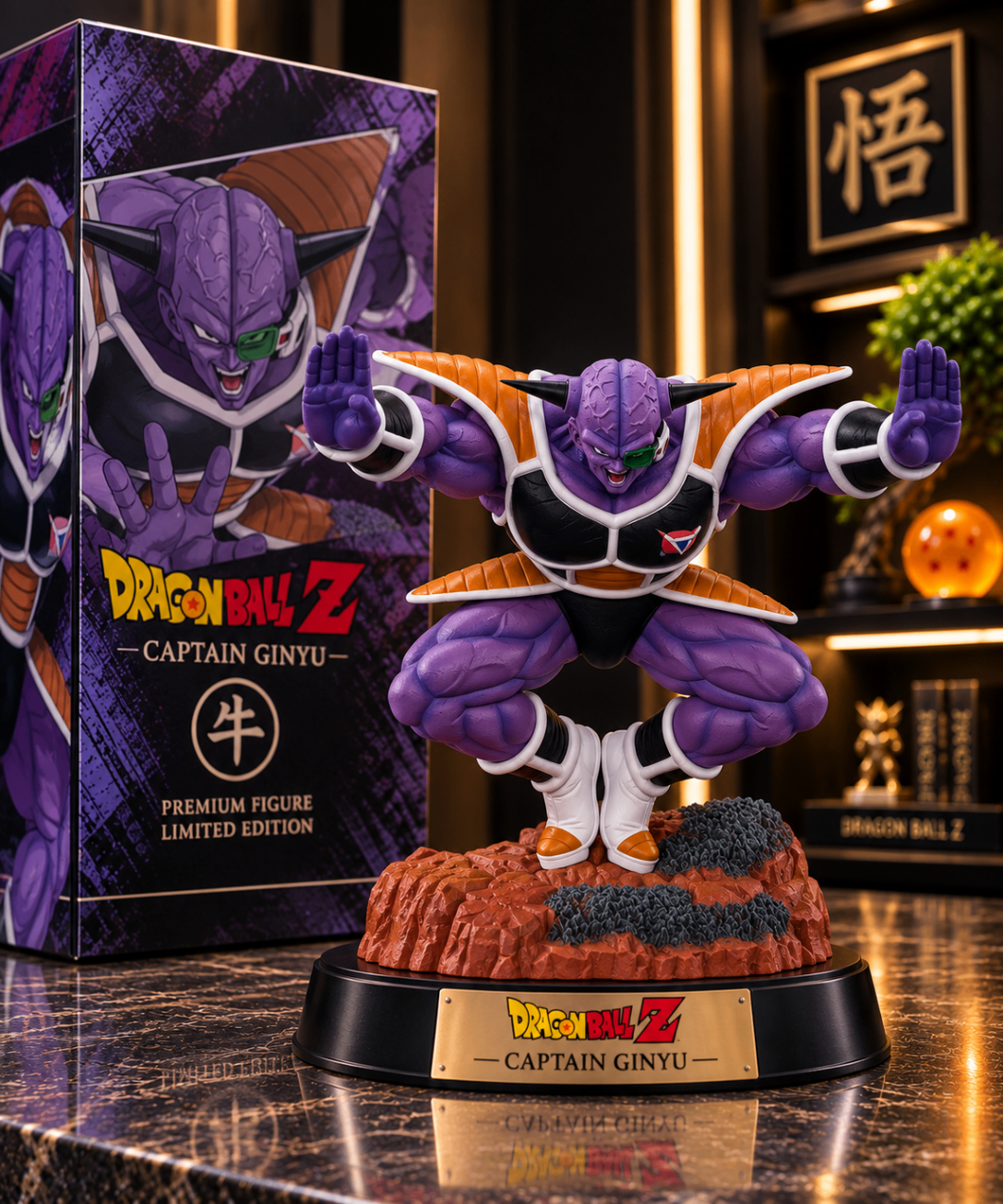 Figurine Captain Ginyu pose de combat, peau violette, socle rocheux Dragon Ball Z