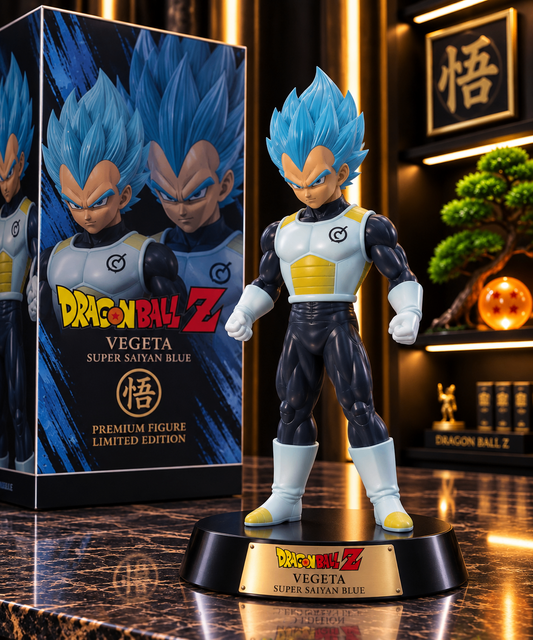 Figurine Végéta Super Saiyan bleu azur, devant packaging officiel, coffret Dragon Ball Z collector