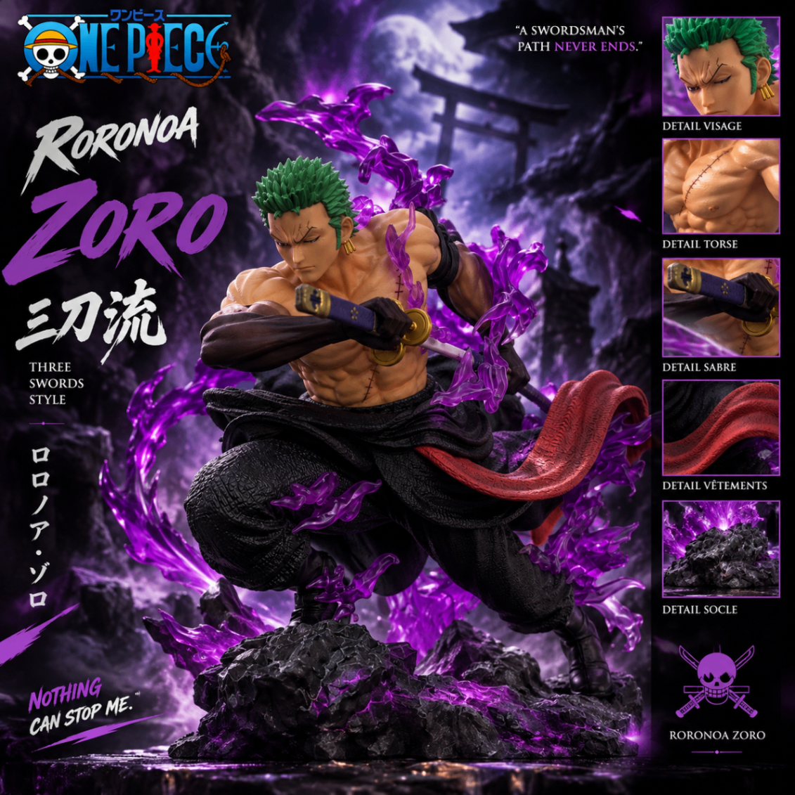Figurine Zoro torse nu, aura violette spectrale, One Piece