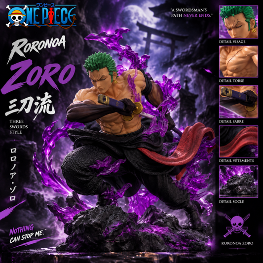 Figurine Zoro torse nu, aura violette spectrale, One Piece