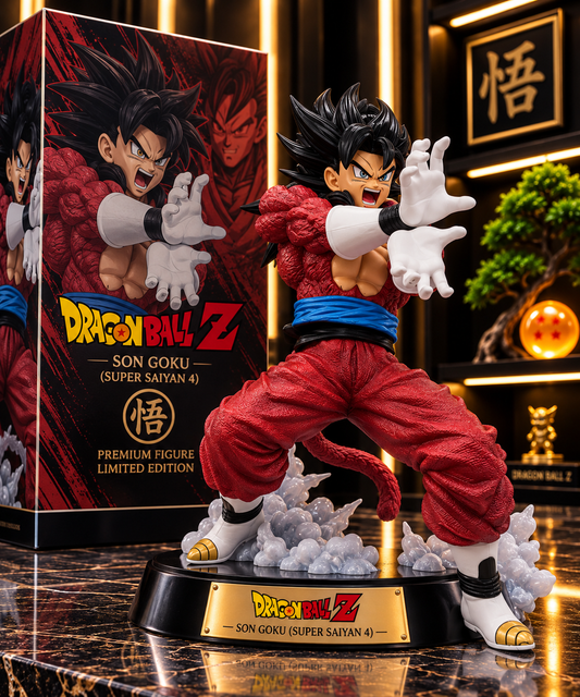 Figurine Son Goku Super Saiyan 4, fourrure rouge, pose de combat, coffret Dragon Ball Z édition limitée