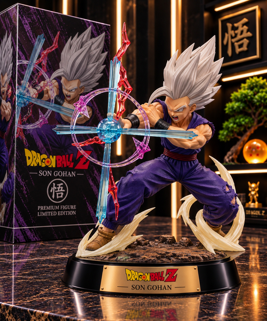 Figurine Son Gohan éveil pourpre, aura électrique bleue et rose, socle Dragon Ball Z édition limitée