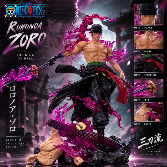 Figurine Zoro sabres en main, aura rose intense, One Piece