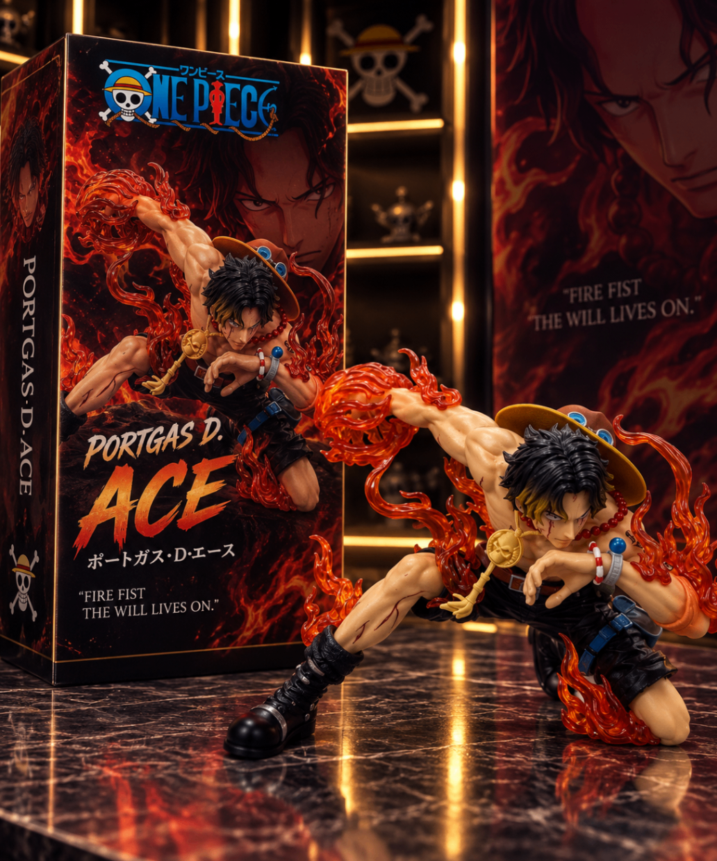 Figurine Portgas D. Ace agenouillé, poing de feu, avec son coffret collector One Piece