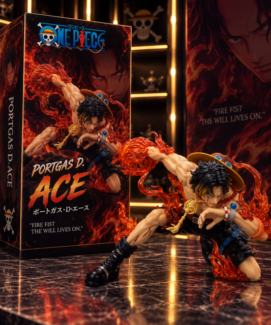Figurine Portgas D. Ace agenouillé, poing de feu, avec son coffret collector One Piece